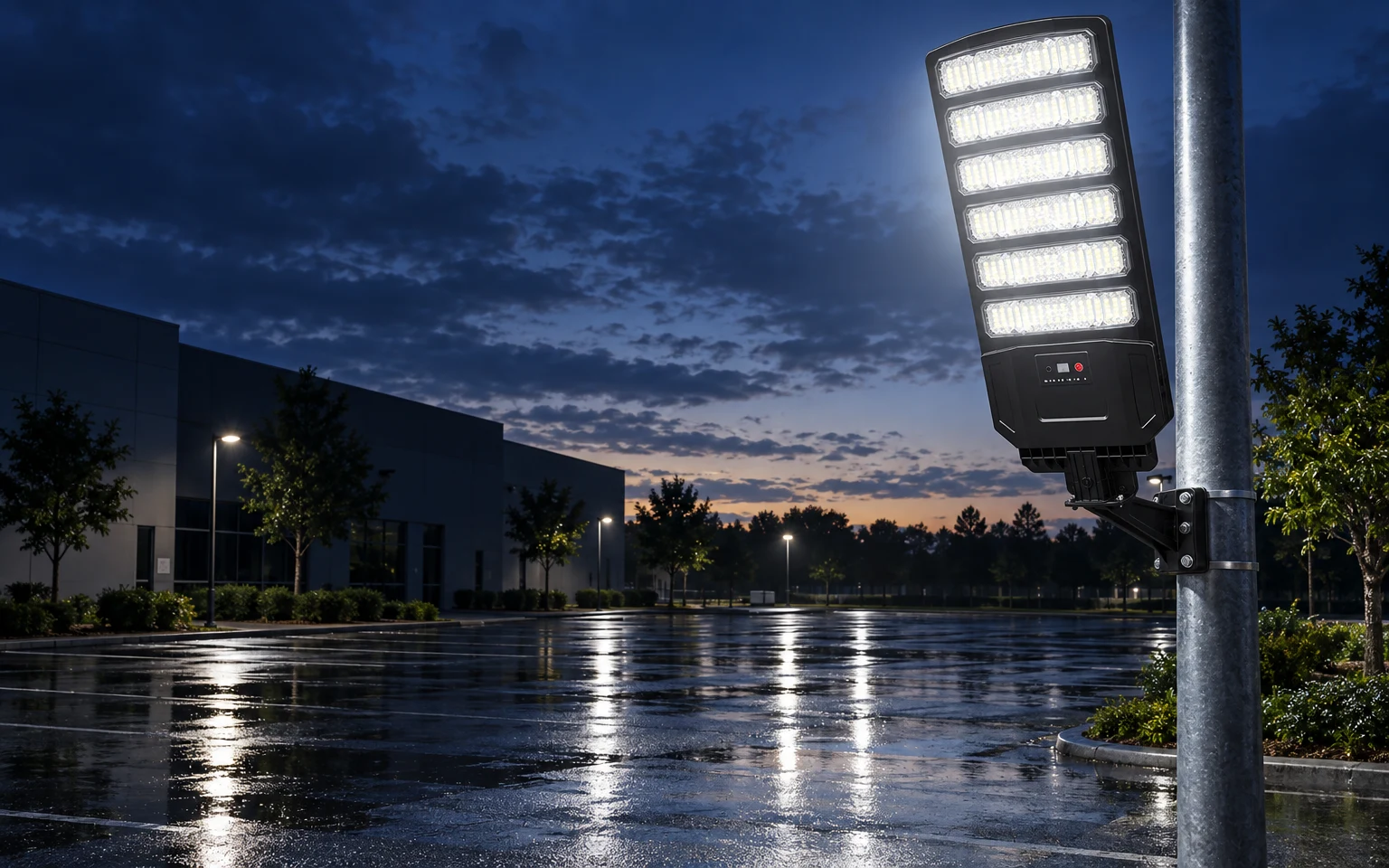 Solar street light still shining before dawn over a wet parking area after rain