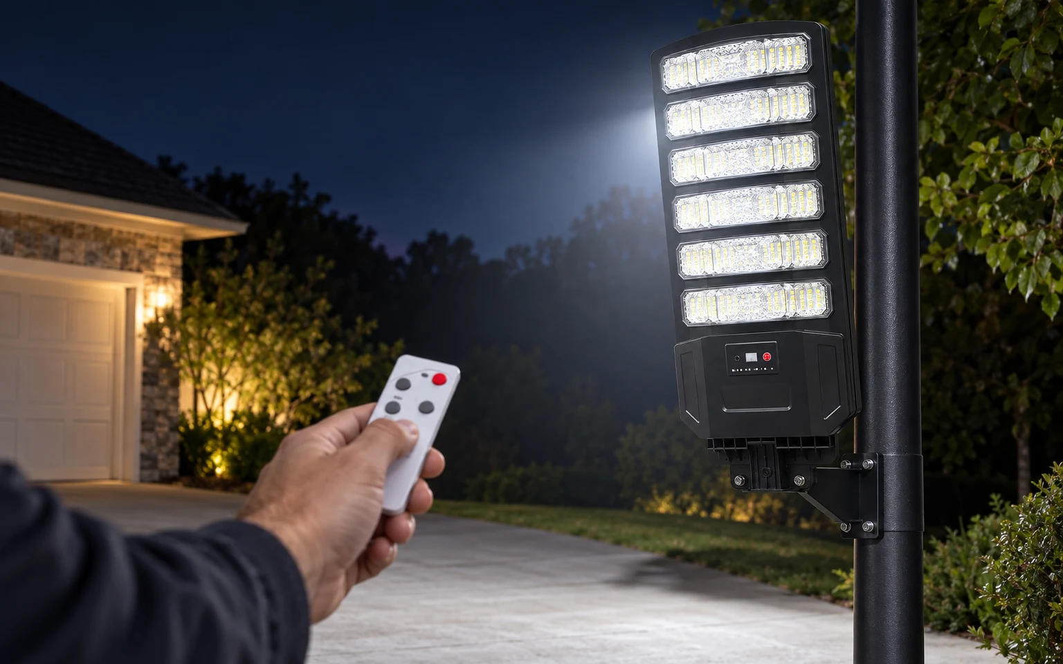 Hand pointing the remote control at the solar street light at night