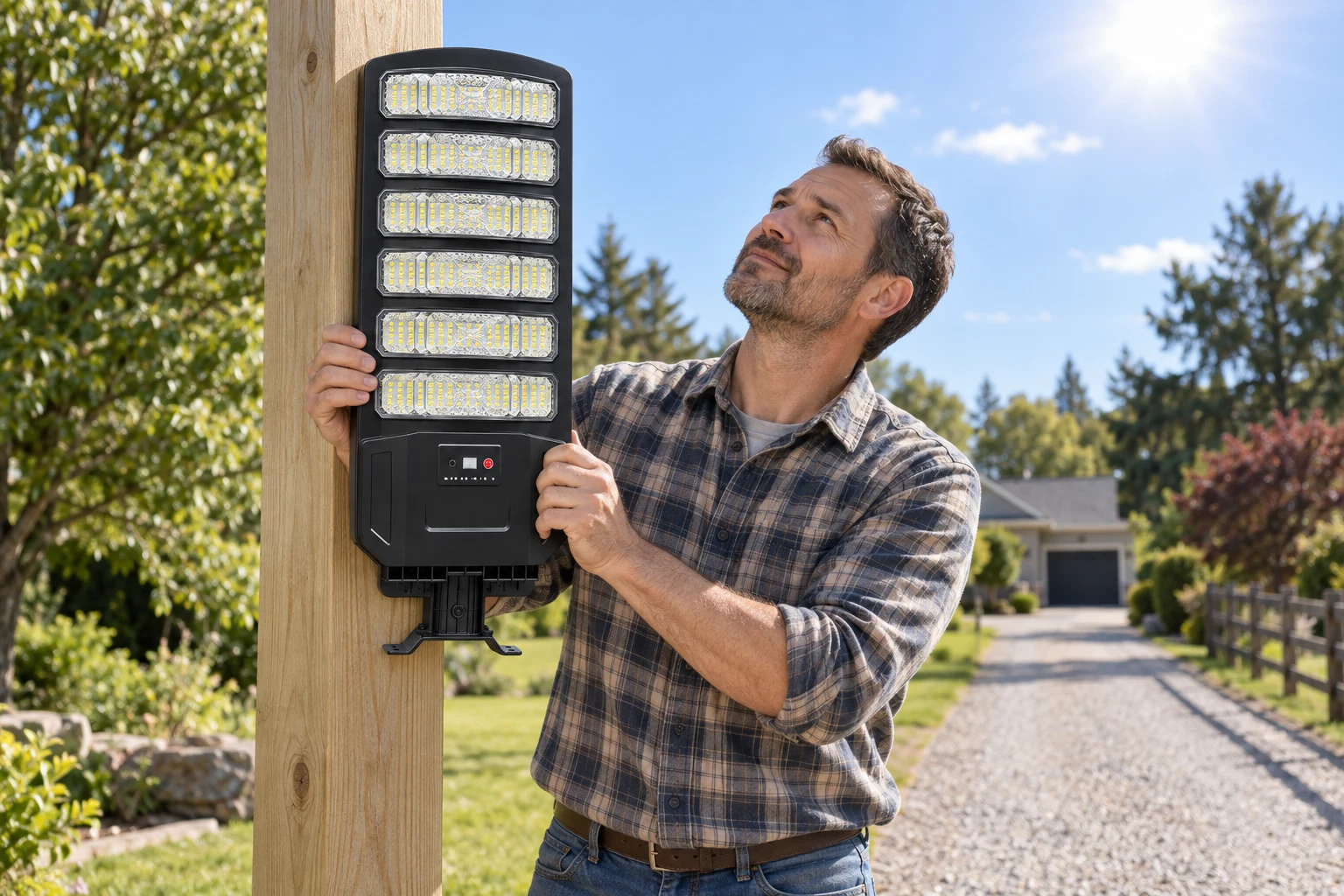 Homeowner choosing a sunny spot for the solar street light beside a driveway