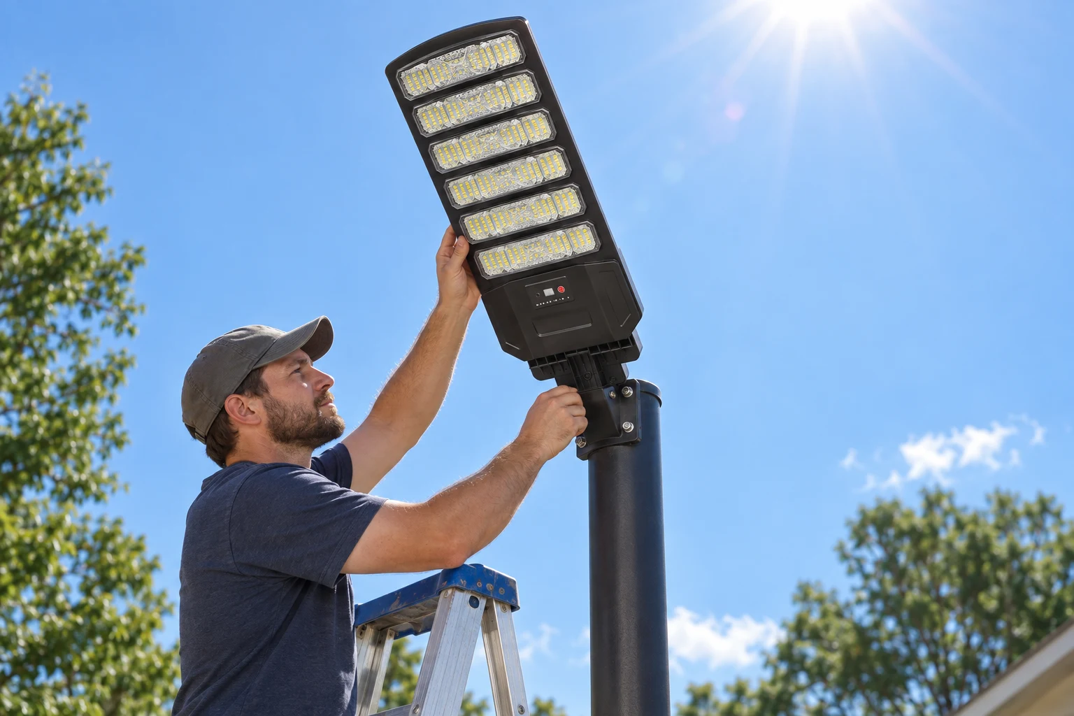 Angling the mounted solar street light toward the sun