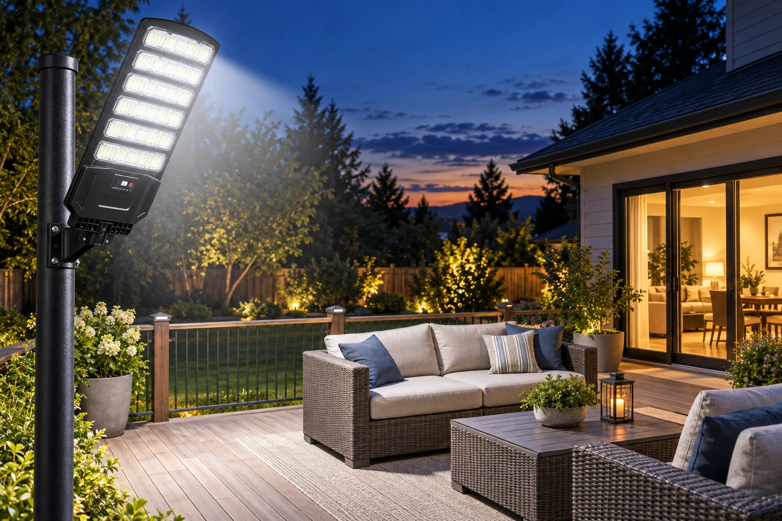 Solar street light over a backyard sitting area at dusk