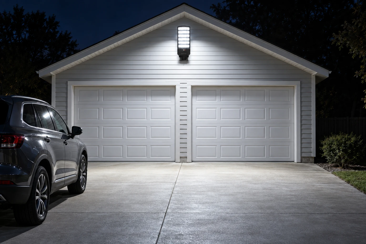 Solar street light mounted above a two-car garage, lighting the driveway at night