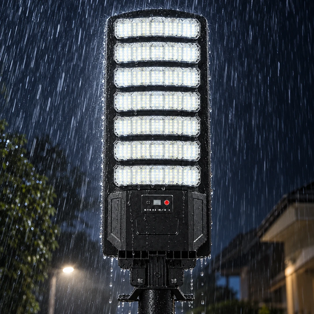 Rain running off the lit solar street light's LED bars and control block at night