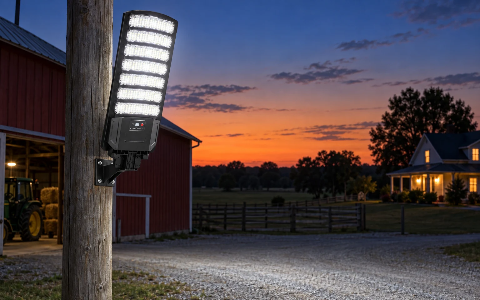 Solar street light on a pole switching on at sunset over a farmyard and barn