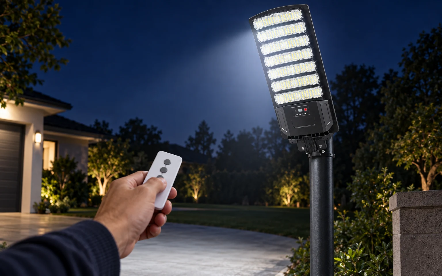 Hand pointing the remote control at the solar street light at night