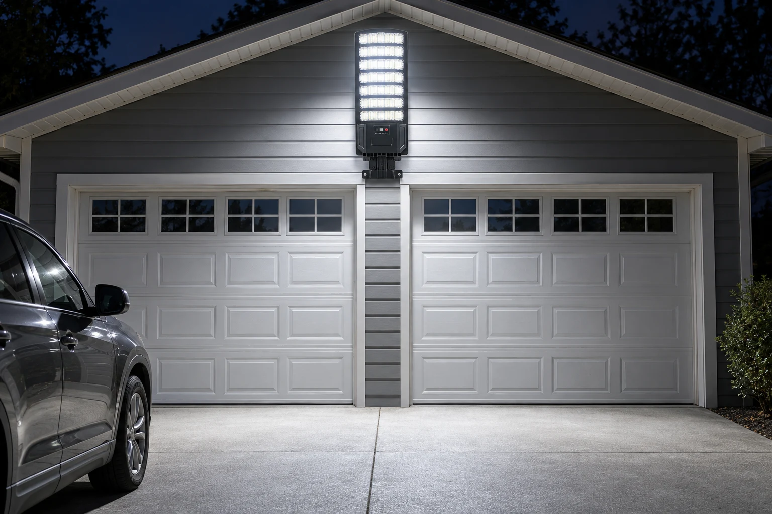 Solar street light mounted above a garage at night