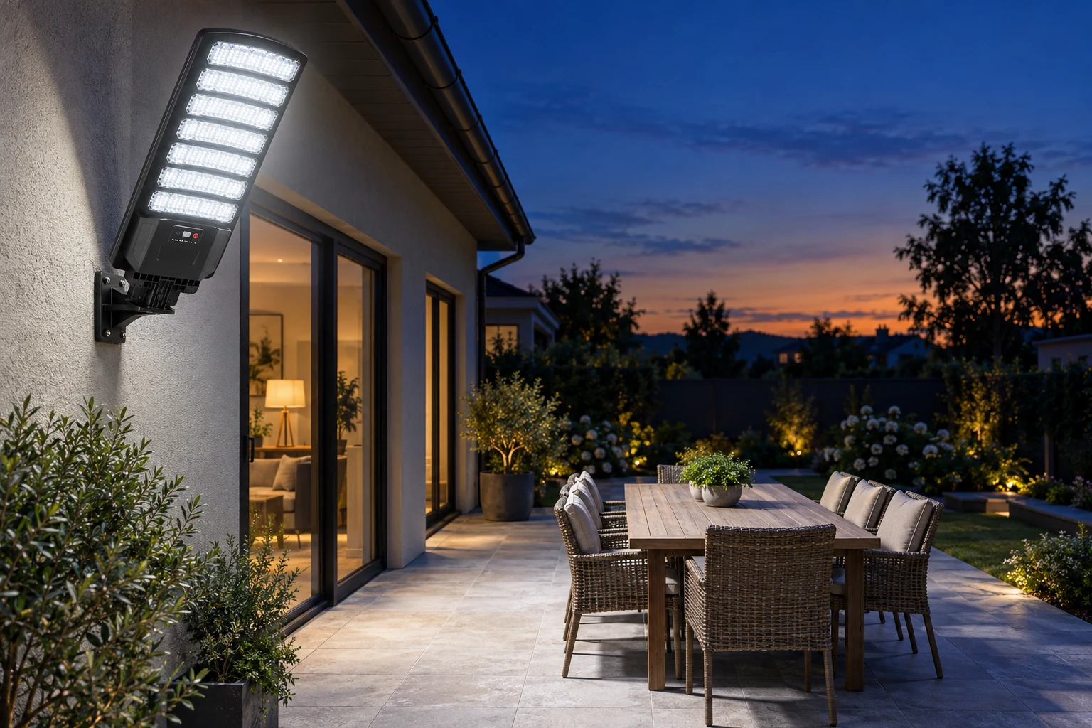 Solar street light switching on at dusk over a patio