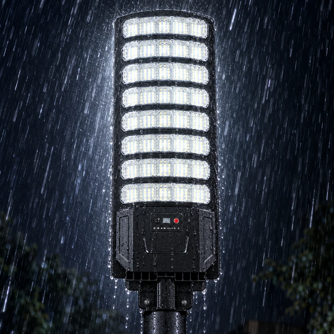 Rain running off the lit solar street light's LED bars and control block at night