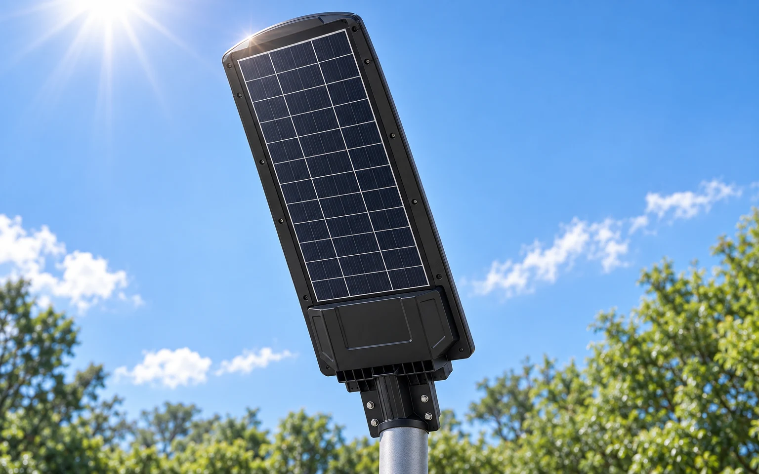 Solar street light on a pole charging in direct midday sun