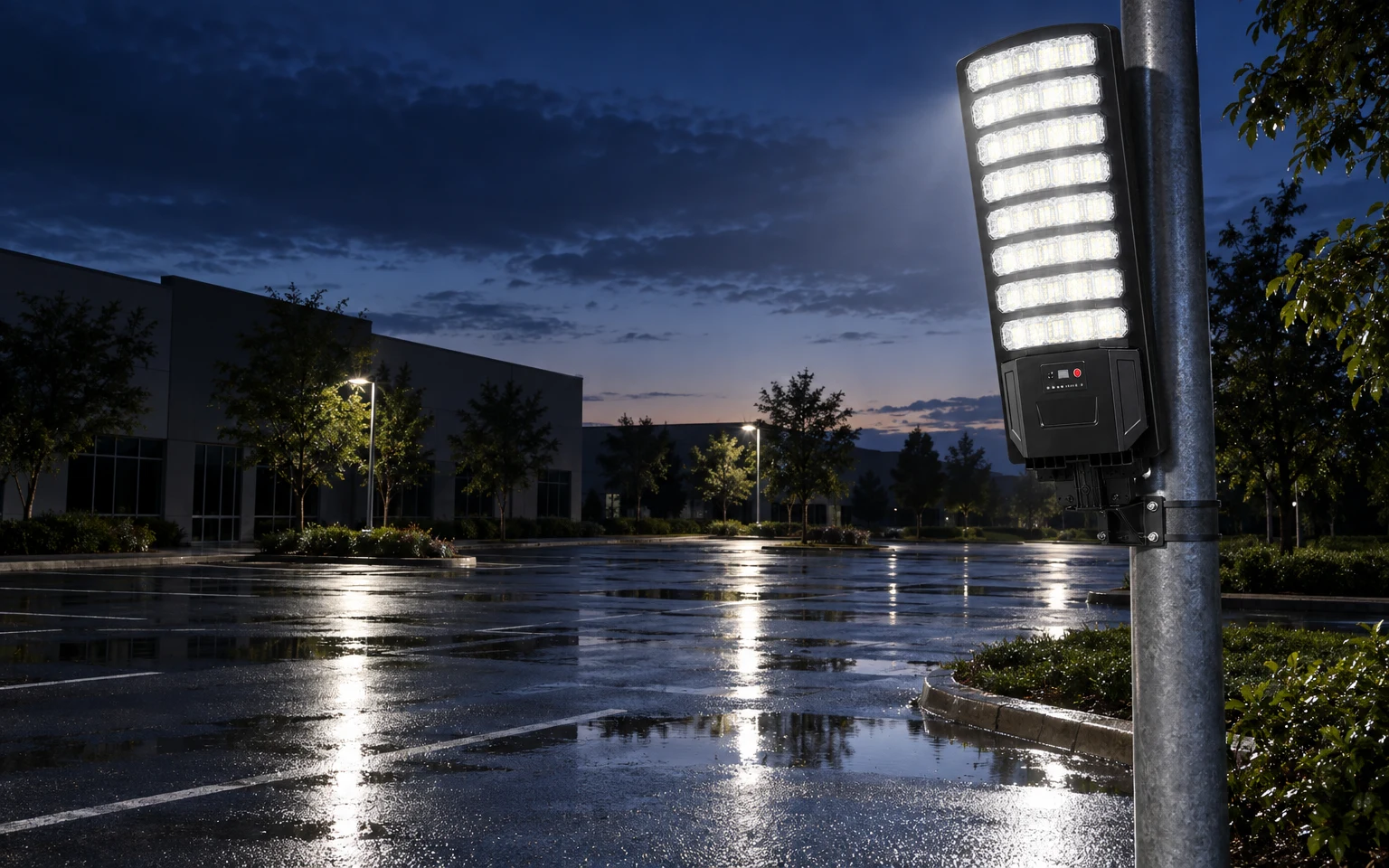 Solar street light on a pole still shining before dawn over a wet parking lot