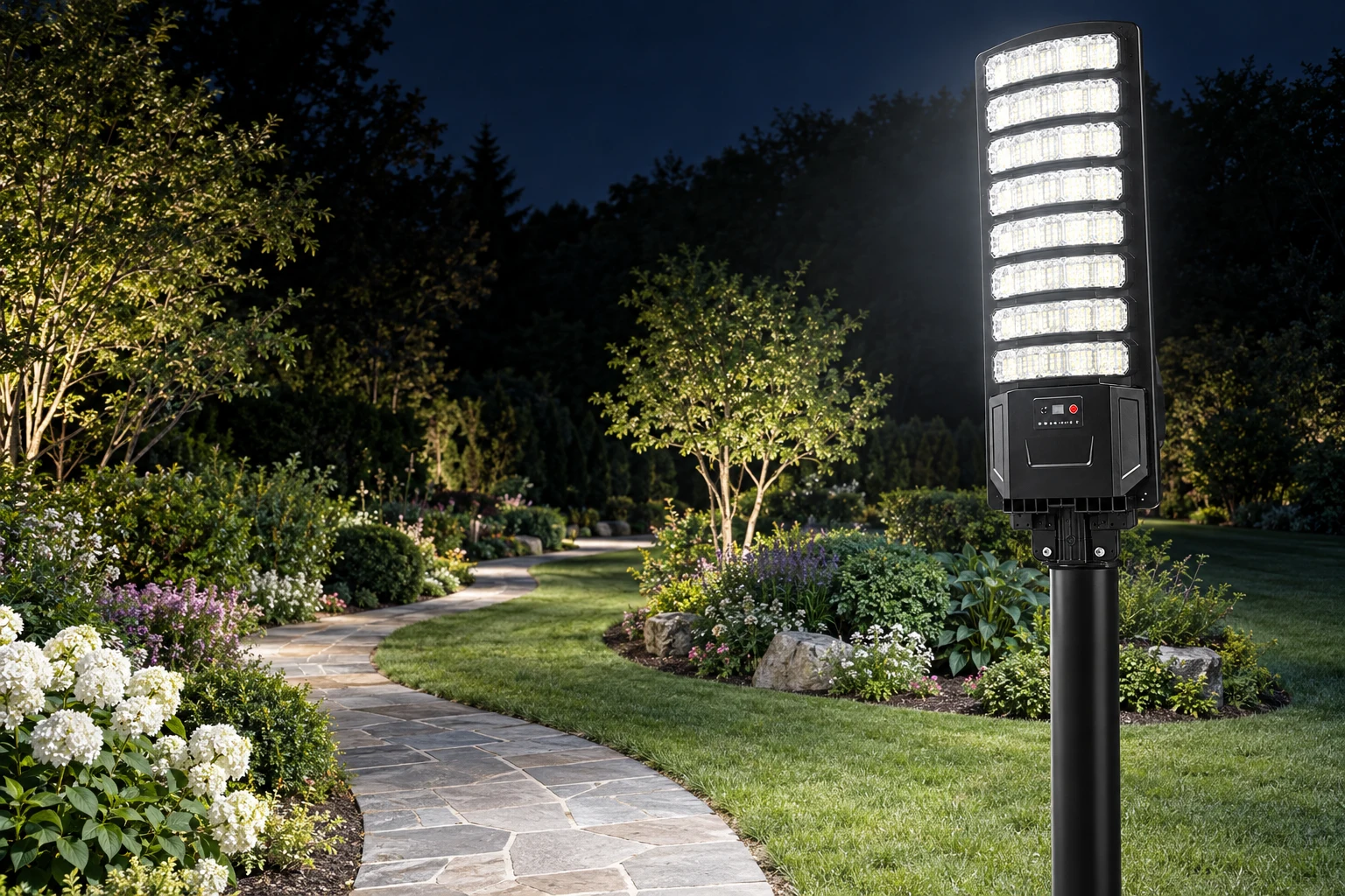 Solar street light lighting a large garden at night