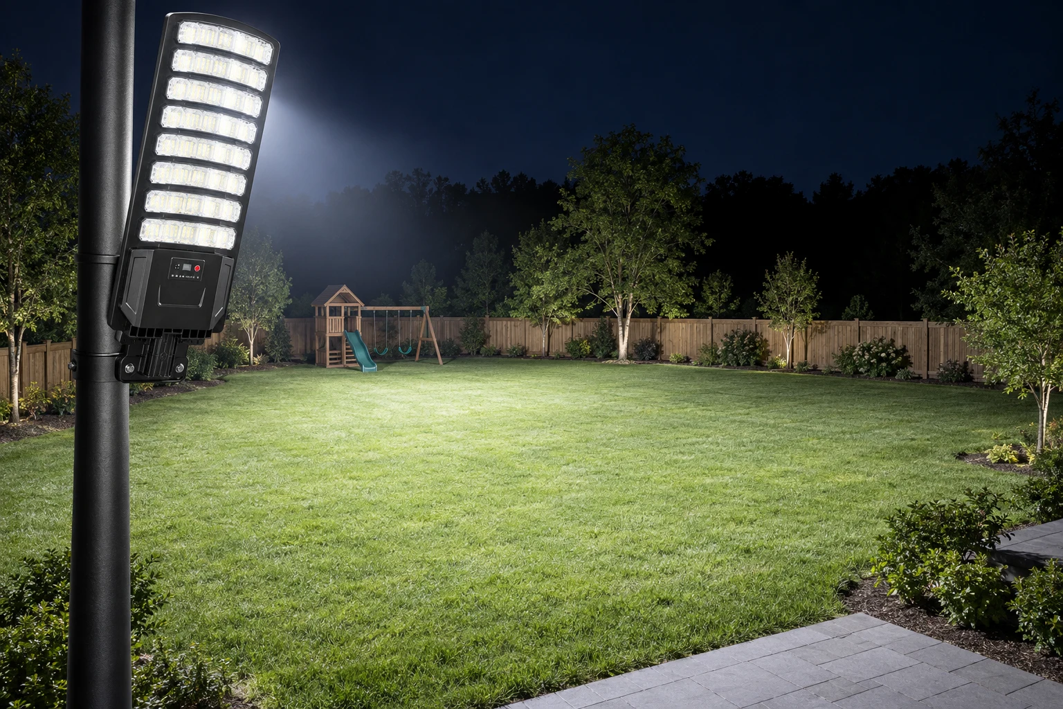One solar street light lighting a whole backyard at night