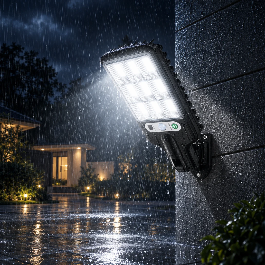 Solar street light shining through heavy rain at night
