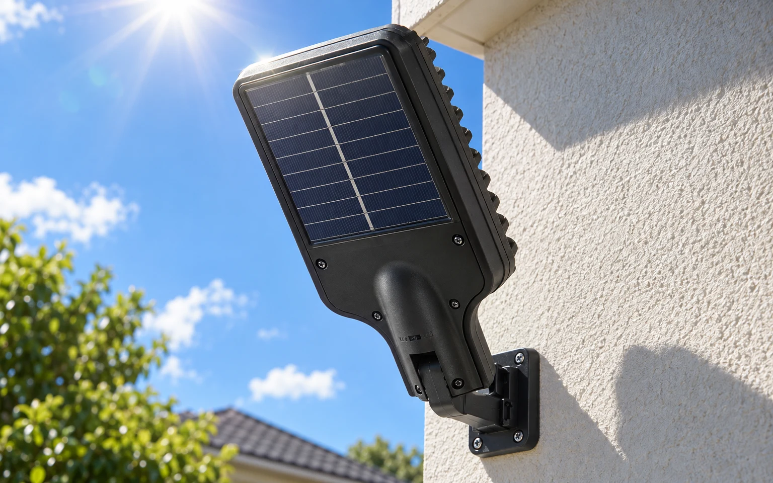 Solar street light on a sunny wall charging in direct midday sun