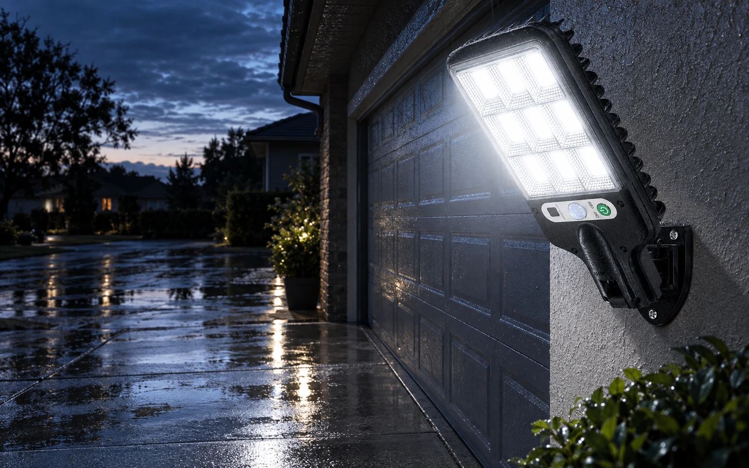 Solar street light still shining before dawn over a wet driveway after rain