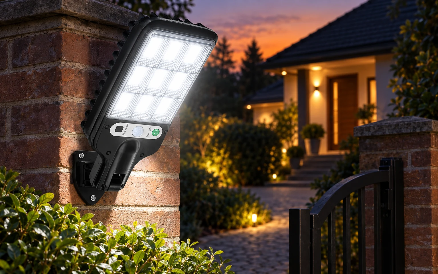 Solar street light switching on by itself at sunset on a garden wall