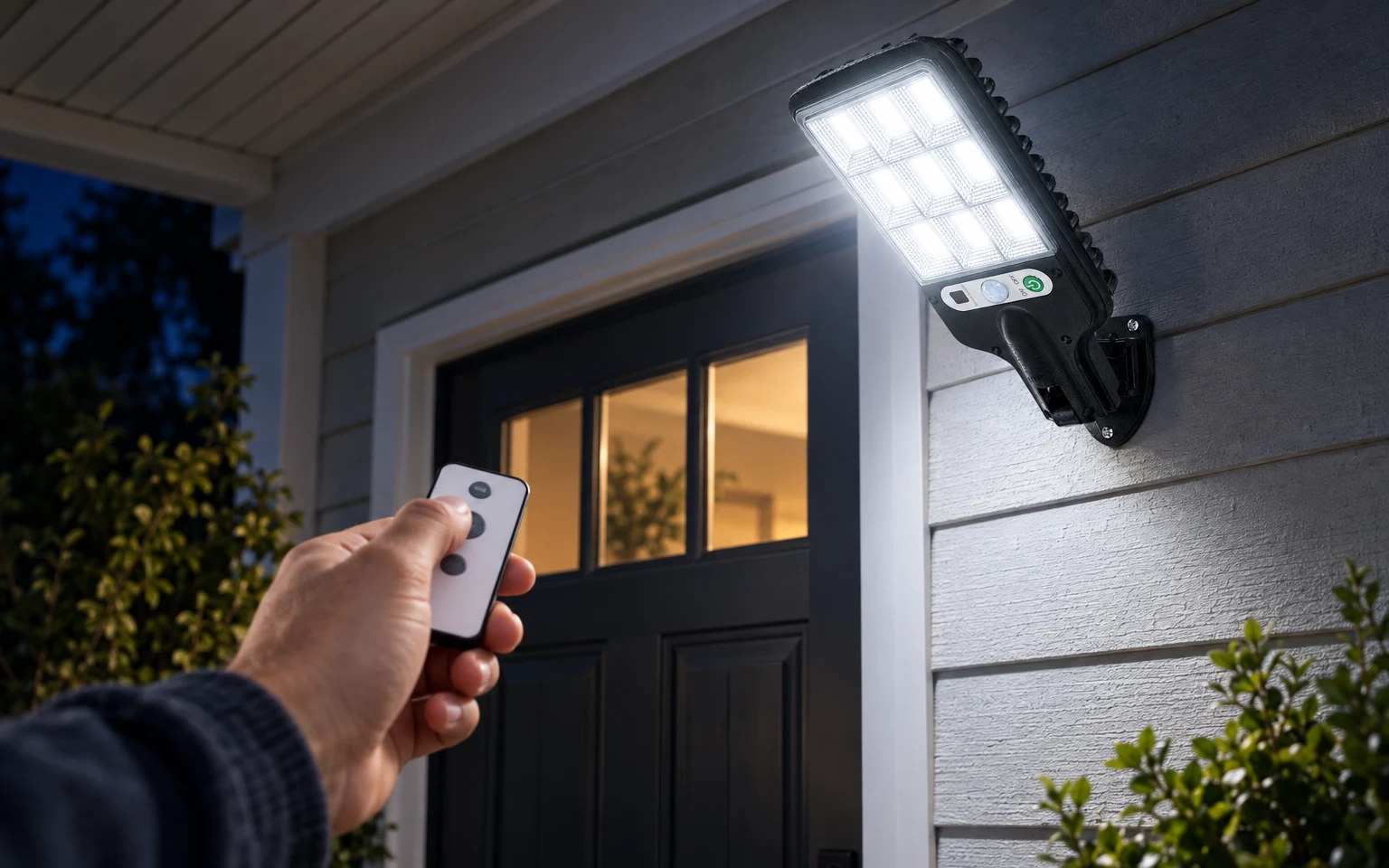 Hand pointing the remote control at the solar street light above a porch at night