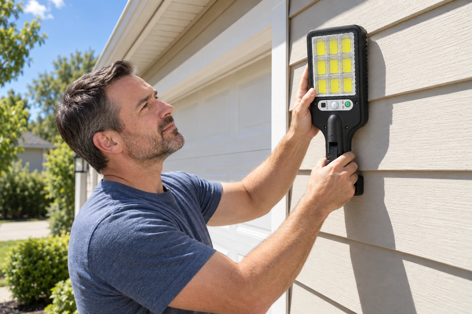 Homeowner holding the solar street light against a sunny garage wall to choose a spot