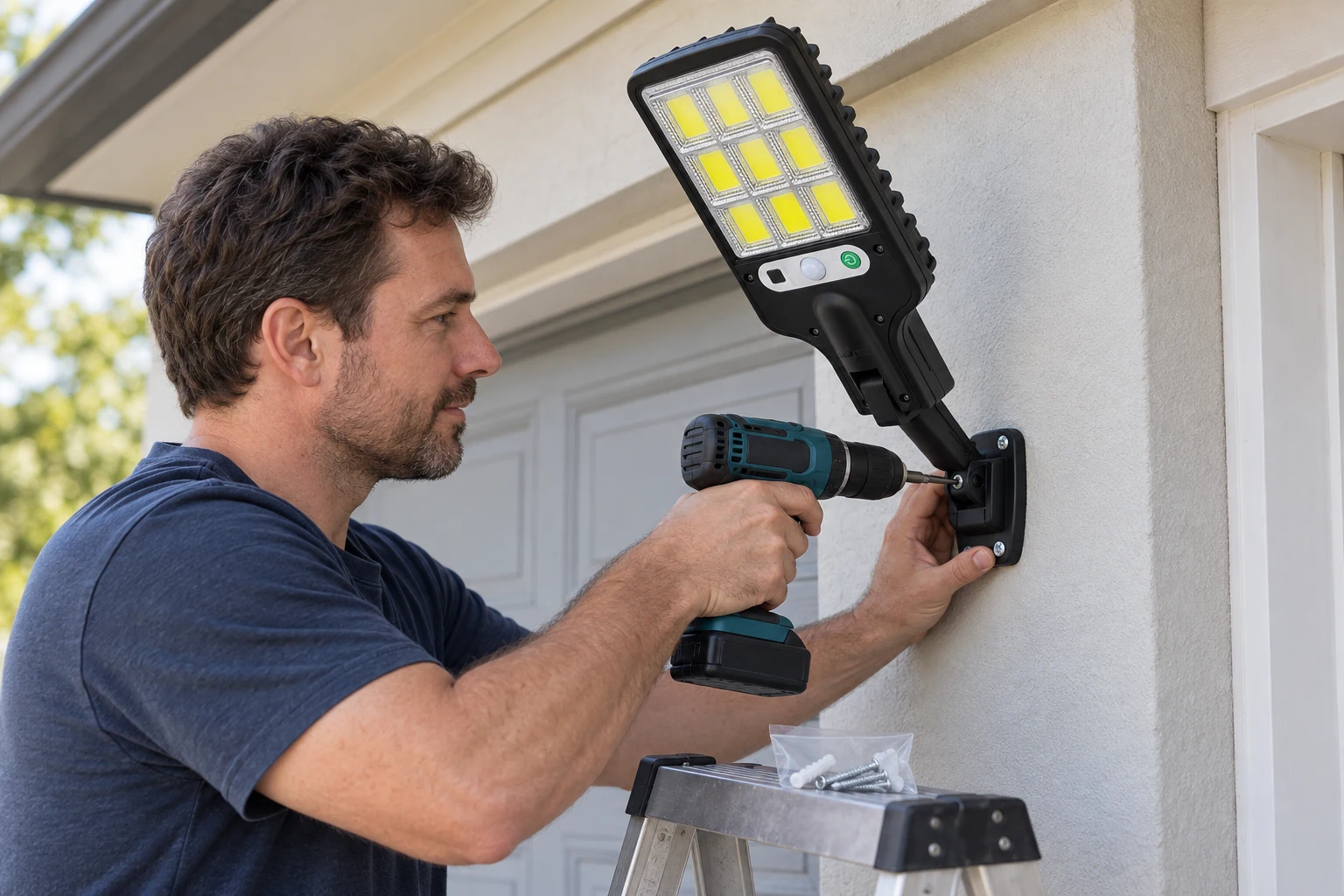 Homeowner on a step ladder screwing the solar street light's wall bracket to a garage wall
