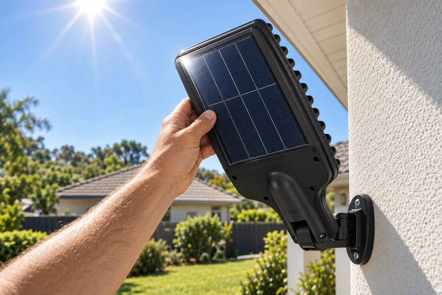 Tilting the mounted solar street light on its swivel arm toward the sun
