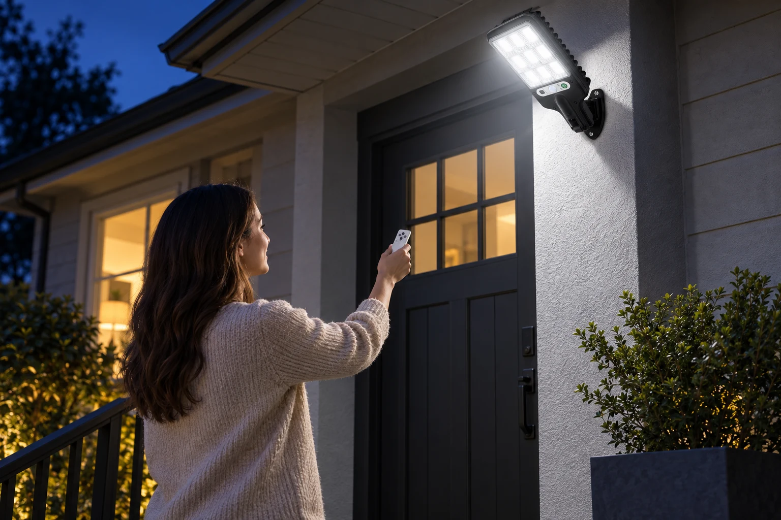 Woman using the remote to switch modes on the solar street light above her front door