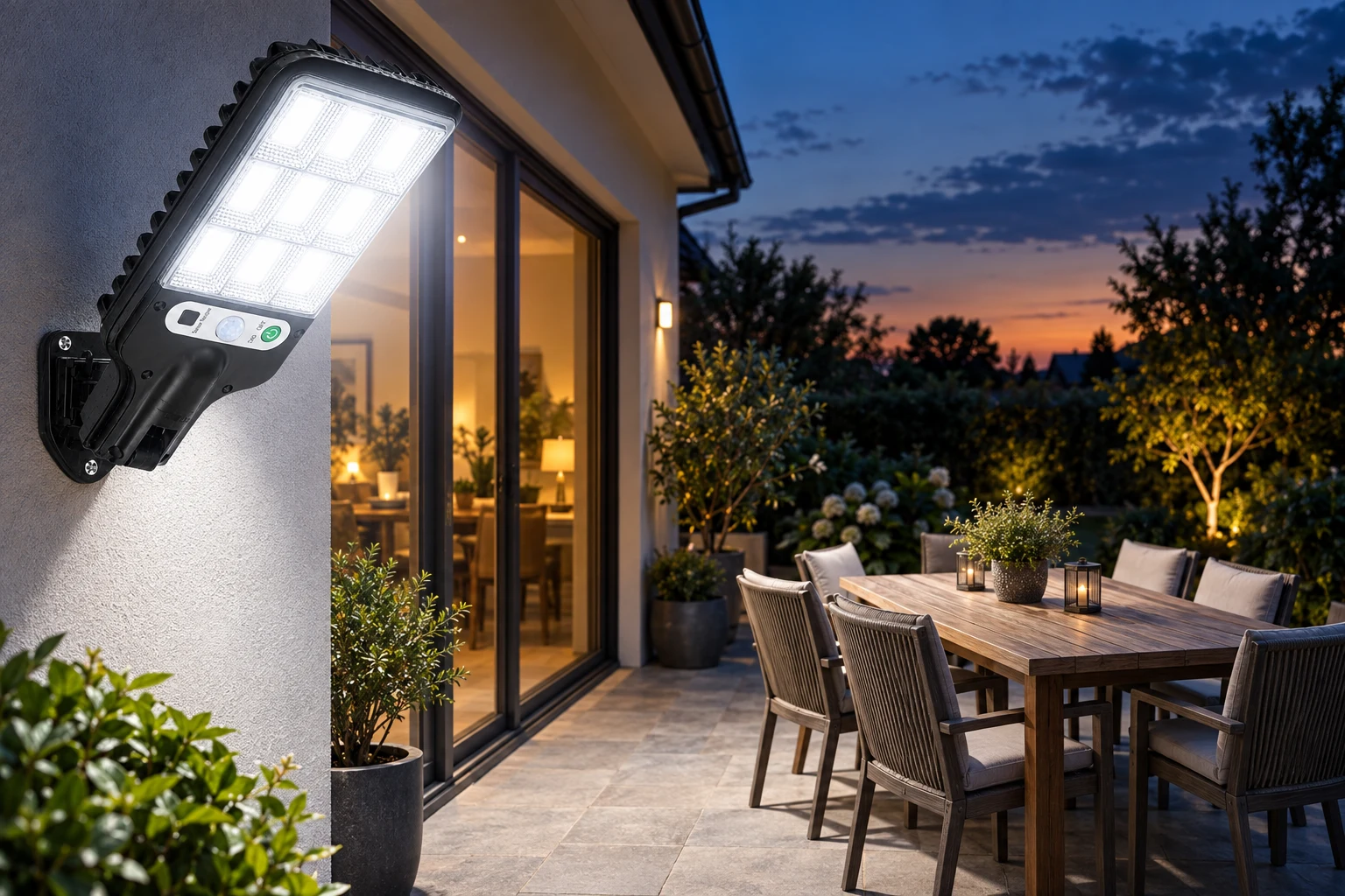 Solar street light switching on at dusk over a patio dining table