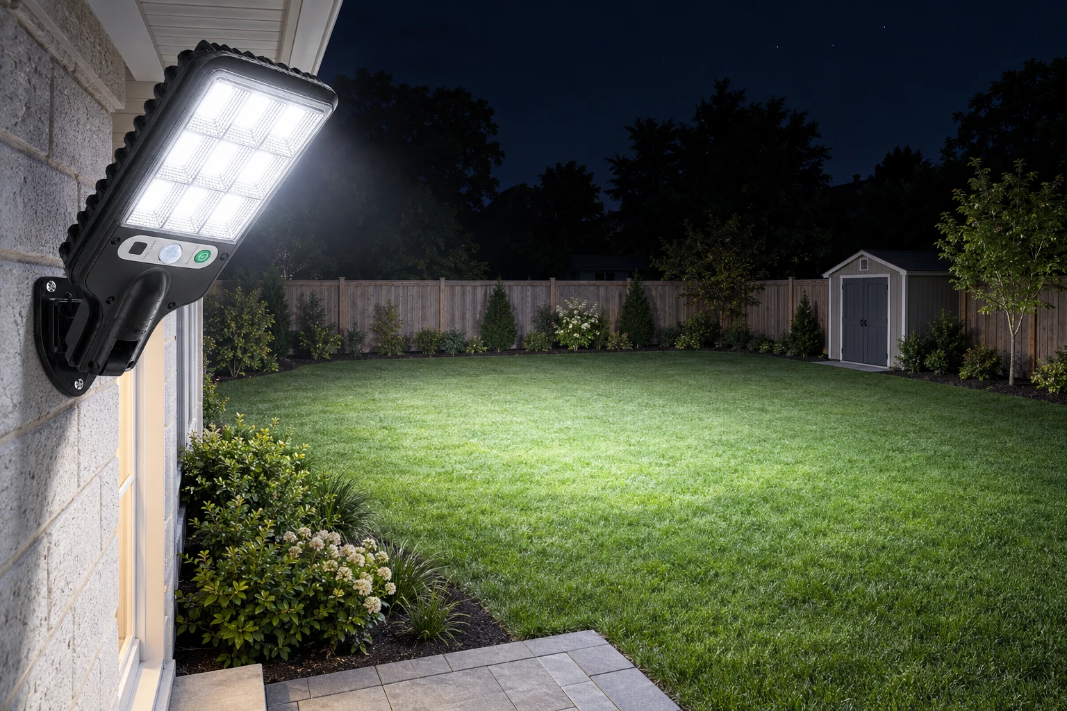 One solar street light lighting a whole backyard lawn at night