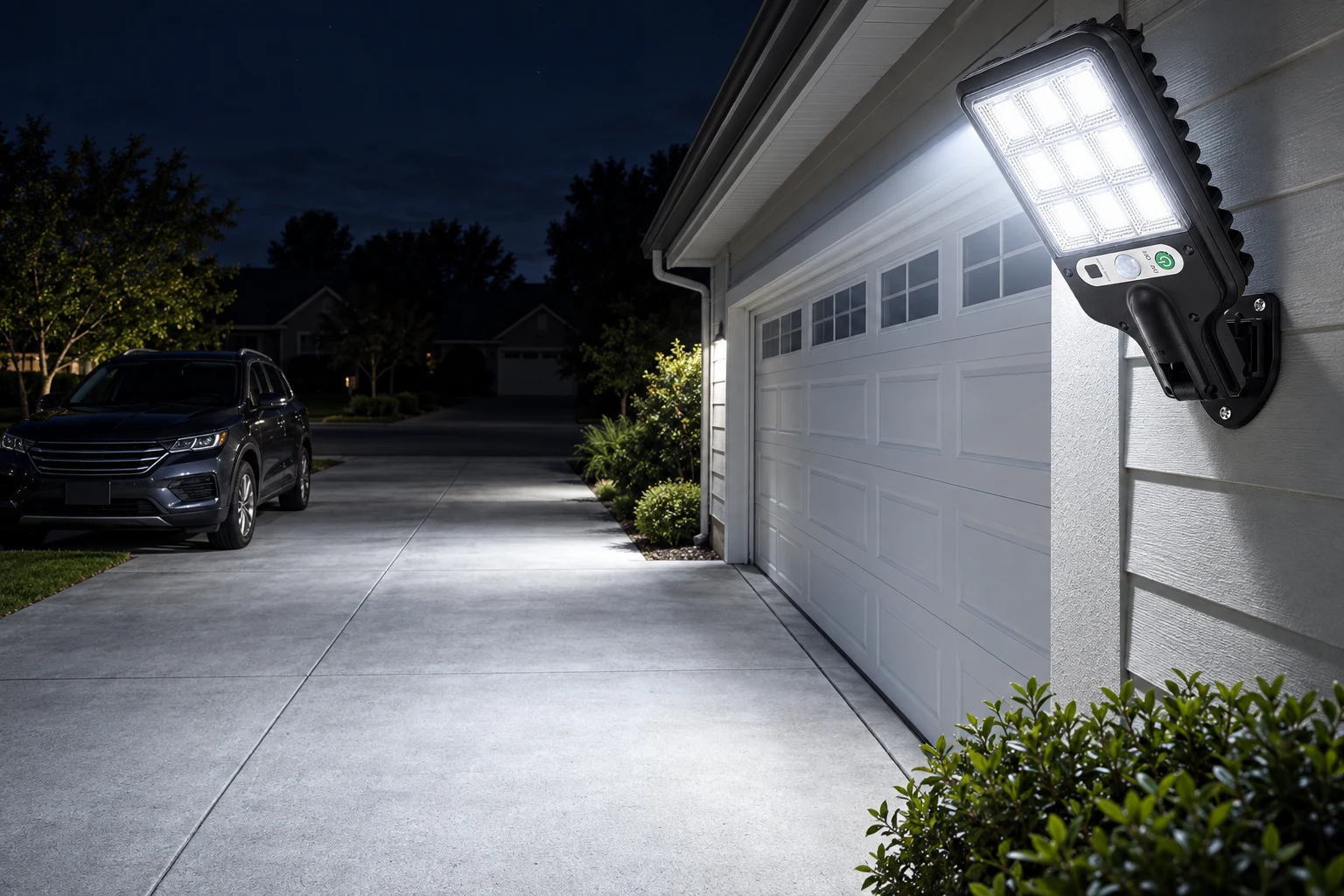 Solar street light lighting a long driveway and garage at night